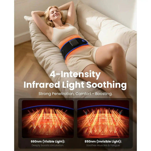 Woman using Cordless Heating Pad Belt Massager For Lower Back Relief On The Go With Near Infrared Heat And Red Light Therapy.