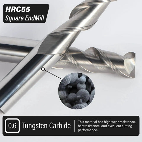 HRC55 square end mill showing close-up of tungsten carbide material highlighting wear resistance and cutting performance.