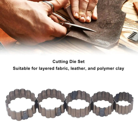 Five Piece Flower Shaped Leather Cutter Set With Alloy Steel Hollow Punch Tools ranging from 30mm to 50mm for DIY leatherworking projects