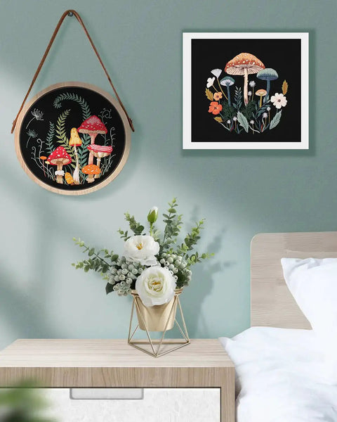 Wall display of Two Pack Embroidery Kit For Grownups Beginner Friendly With Mushroom Pattern Hoops Tools Colorful Threads Needles And Step By Step Instructions DIY Starter Set.