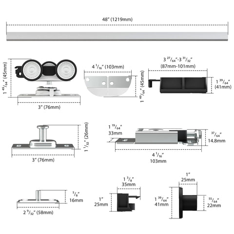 Diagram of 48 Inch Bifold Door Hardware Kit For Four Doors Aluminum Top Mounted Sliding Barn Door Track System With Three Wheel Hangers.
