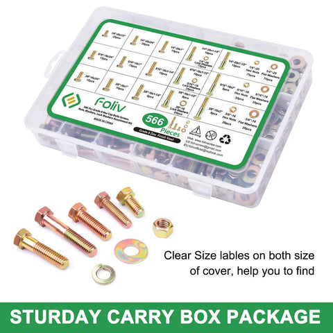 Heavy Duty Grade 8 Alloy Steel SAE Hex Bolts Nuts Kit With Fifteen Common Sizes Including One Quarter Twenty Five Sixteen Eighteen And Three Eighth Sixteen And Springs For DIY Projects At Home Or In The Shop in transparent case