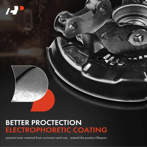 Close-up of a front left steering knuckle with electrophoretic coating for corrosion resistance.