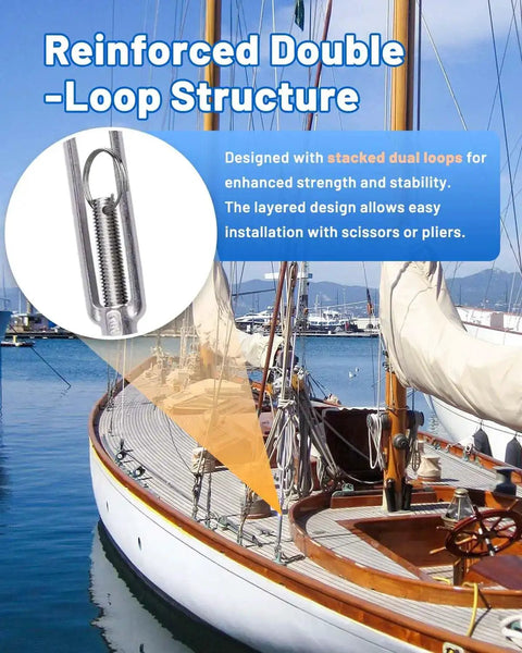 Heavy Duty Stainless Steel Cotter Rings With Dual Coil Design used in marine setting on sailboat for secure fastening.