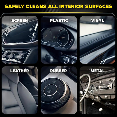 All Surface Interior Detailer That Cleans Plastics Vinyl Leather And Rubber With No Greasy Residue And Sun Blocking Protection, Spray On Wipe Off, 16 Oz Meguiars displayed on various car interior surfaces.