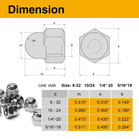 Diagram and dimensions of Acorn Nut Kit 70 Piece Stainless Steel Dome Head Hex Cap Nuts Set 8 32 10 24 1 4 20 5 16 18