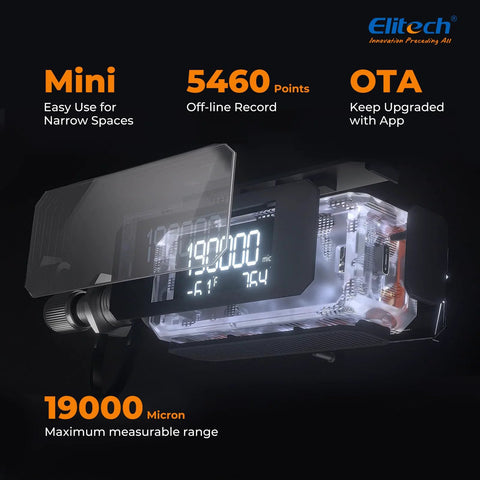 Elitech VGW-Mini wireless digital vacuum gauge with transparent housing and digital display showing 19000 micron
