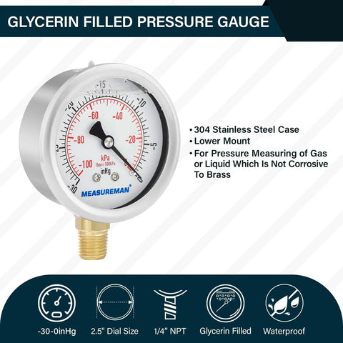 Glycerin-Filled Vacuum Gauge With Two And A Half Inch Dial Stainless Steel Case Brass Inside And One Quarter Inch NPT Lower Mount For Measuring Minus 30 InHg Minus 100 kPa Vacuum In Gas And Air Systems Great For Vacuum Pumps And Tanks