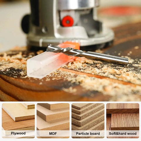 Spiral Router Bits Down Cut For Wood Carving And Engraving, 1/4 Inch Shank, Solid Carbide CNC End Mill on wood surface