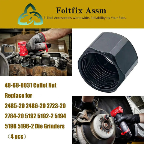 One Quarter Inch Collet Nut Replacement For Die Grinders And Sanders, Four Pack next to tool use displays and product details.