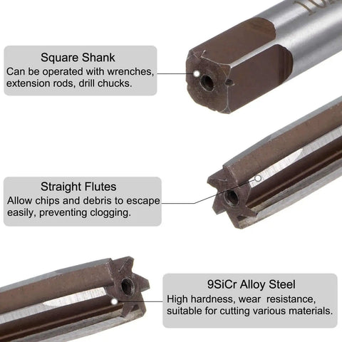 10 Piece Hand Reamer Set 3mm To 12mm H7 Tolerance In Alloy Steel With Straight Flutes and Square Shank Features