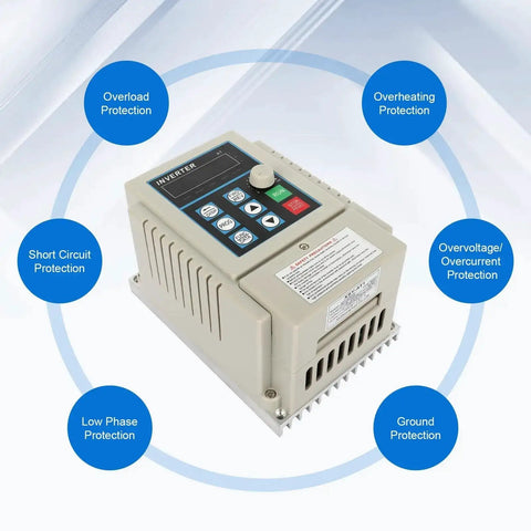 Front view of 220V VFD Inverter Frequency Converter For Motor Speed Control with safety features labeled around the device