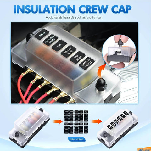 Six Way Fuse Block With Negative Bus And 12V Blade Fuse Holder For Auto Electrical Systems with waterproof cover and labels