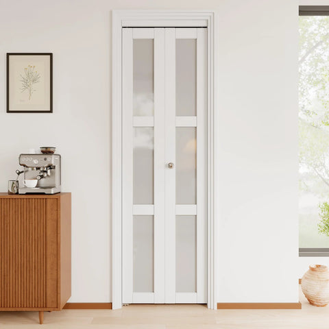 Bifold Closet Doors 24x80 Set With 3 Lite Tempered Frosted Glass And Sliding Hardware Kit, installed in a white interior space.