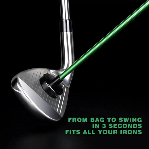 Two Pack 40 Inch Golf Alignment Sticks With Magnetic Club Alignment Rod attached to a silver golf club on a black background