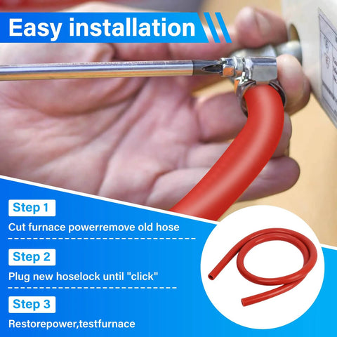 Furnace pressure switch hose, silicone tubing 3/16 in ID x 19 in, red with metal clamp.