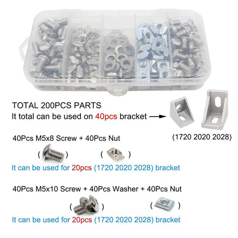 All In One Aluminum Extrusion Hardware Kit With 200Pcs M5 T Slot Nuts Bolts And Screws For 20x20 2020 2040 Profiles In A Clear Organizer Case