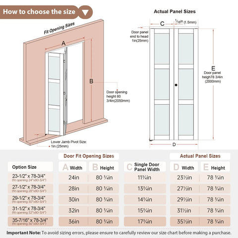 Diagram showing size options for Bi Fold Doors For 30 By 80 Opening With Tempered Frosted Glass Closet Barn Door Concealed Hardware Kit