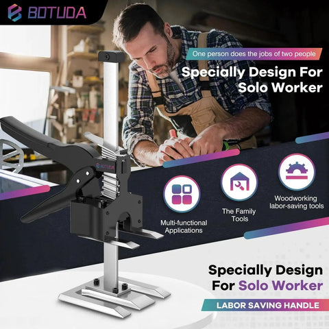 Labor Saving Lifting Arm Jack Handle 12 Inch 2 Pack For Cabinets Doors Windows shown in use by solo worker