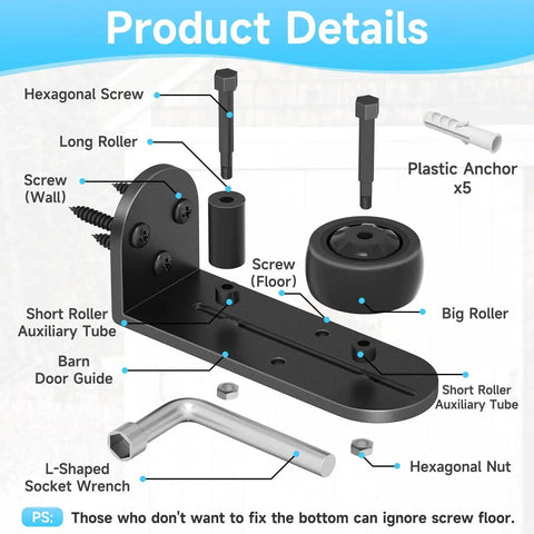 Two Pack Sliding Barn Door Floor Guide Set With Adjustable Rubber Rollers shown with components and installation diagram.