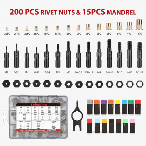 Pro Grade 16 Inch Rivet Nut Tool Kit With 200 Zinc Plated Nutserts 15 Interchangeable Mandrels 2 Mandrel Lock Pins