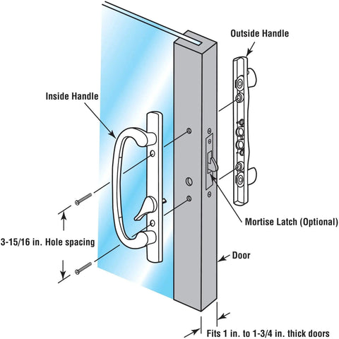 Diagram of Mortise Style Sliding Patio Door Handle Set In Bronze Diecast Non Keyed Fits Three And Fifteen Sixteenth Inch Hole Spacing Includes Inside And Outside Handles For Replacing Old Or Damaged Patio Door Hardware showing installation details.