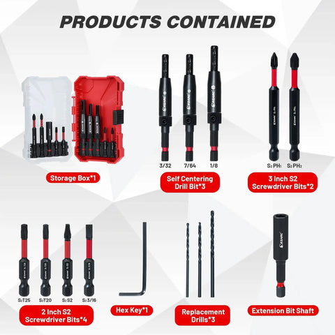 Self Centering Drill Bit Set 14 Piece For Cabinet Hinges And Woodworking With Replacement Bits And Screwdriver Bits Bit Holder One Quarter Inch Hex Shank Includes Storage Box EZARC contents displayed with labels.