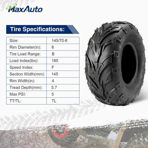 145/70-6 Tubeless ATV Tire Set Pack of 2 for Go Karts and Mini Bikes 4 Ply Rating Durable Replacement Tires High Traction