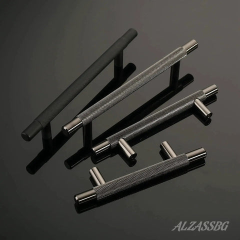 10 Pack Black Nickel Cabinet Pulls With 5 Inch Hole Centers T Bar Knurled Handles For Cabinets Closets Drawers Wardrobes Durable Solid Construction And Sleek Modern Finish For Kitchen Remodels And Furniture AL3015AS arranged on dark surface
