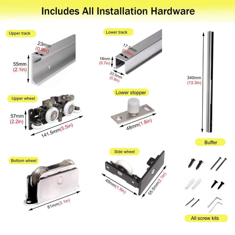 Smooth Trackless Ghost Sliding Door Hardware Kit Soft Close Pocket Door System components layout with measurements
