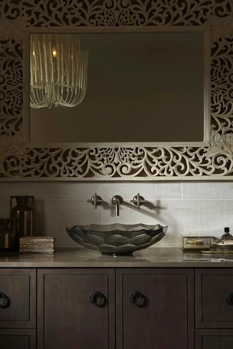 Kohler Jacquard Ring Pull In Black Finish Durable Metal Cabinet Drawer Pull K 99685 HF3 on elegant vanity with decorative mirror.