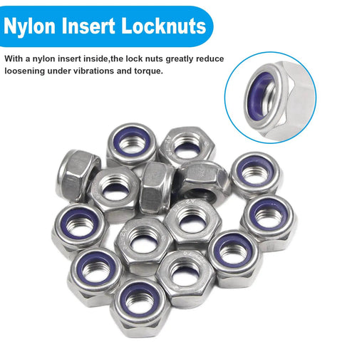 100 Pack M6 Nylon Insert Lock Nuts Self Locking Hex Nuts, Yinpecly 304 Stainless Steel, M6x1.0mm Thread, 6mm Tall, 10mm Hex