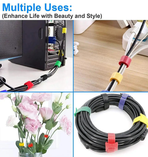 60 Pack 6 Inch Reusable Cable Ties With Hook And Loop on desk and cables, shows multiple uses for organization and management.