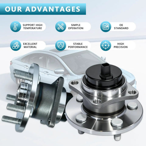 Rear Wheel Hub Bearing Assembly Drop In Ready 2 Pack Compatible With Toyota Corolla 2009 2019 Matrix 2009 2014 Pontiac Vibe 2009 2010 With ABS 5 Lug Durable OEM Style Replacement for Smooth Quiet Ride displayed with car background and features list