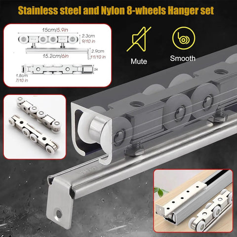 Beefed Up Long Box Rail Sliding Door Hardware Kit With Heavy Duty Aluminum Track For Wall Or Ceiling Mount, 8 Wheel Hanger System
