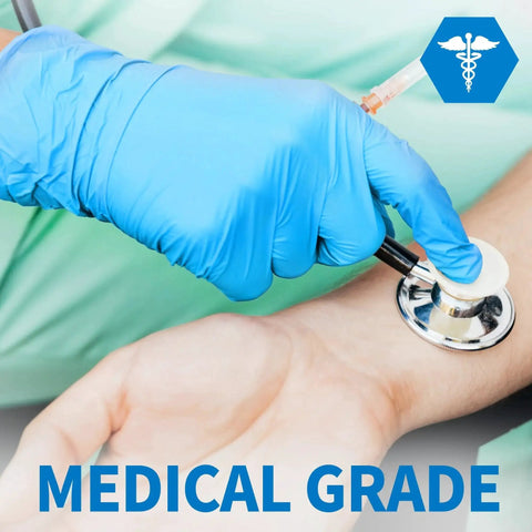 Person wearing Powder Free Nitrile Exam Gloves 4.5 Mil Latex Free Blue 100 Medium Disposable using a stethoscope