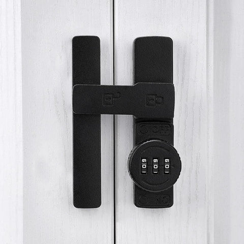 Matte Black 180 Degree Barn Door Lock With 3 Digit Keyless Password Latch Flip Lock mounted on white barn door