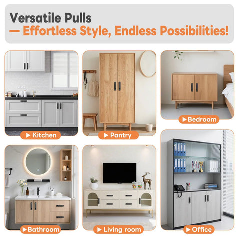 Various cabinets and closets showcasing 5.7 Inch Aluminum Sliding Barn Door Handle Set in kitchen, bedroom, and more.