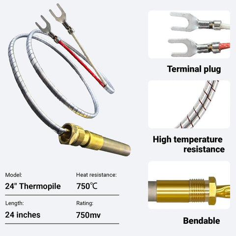 24-inch thermopile generator with aluminum-sheathed wires and brass sensor tip; terminal plug visible.