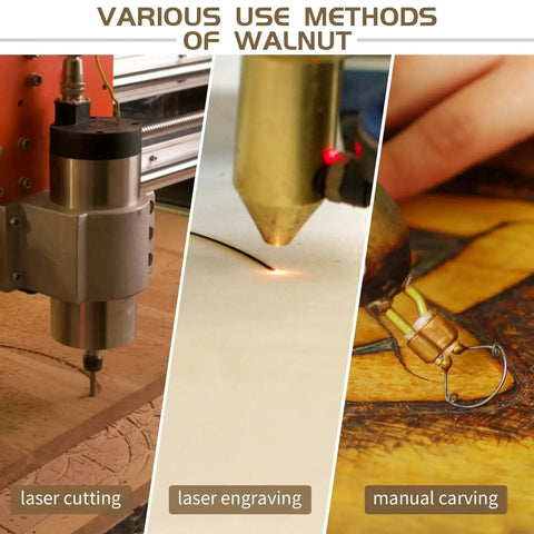 Laser cutting, engraving, and manual carving on walnut wood sheets for DIY projects, featuring CNC machine and tools