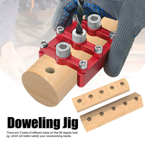 3-In-1 Doweling Jig With Hole Drill Guide And 90 Degree Positioner Locator Tool in use on wooden block, red aluminum alloy material