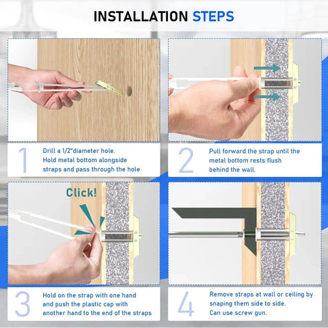 Installation steps for Heavy Duty Stainless Steel Drywall Anchors With Included Bolts For TV Mounting shown on wooden board.