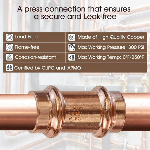 Zero Lead Copper Press Fittings One Half Inch Copper Coupling With Stop Five Eighths Inch Outer Diameter Twelve Pack PxP