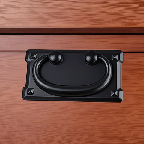 Two Pack Vintage Drawer Ring Pulls 3.78 Inch Black Zinc Alloy Cabinet Handles mounted on wooden drawer, smooth finish.