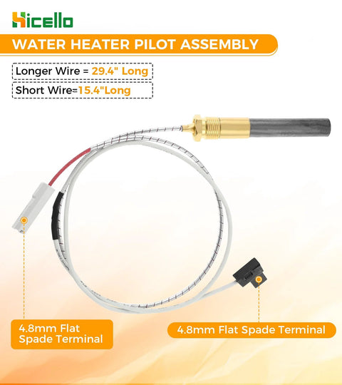 Hicello gas water heater pilot assembly with brass fitting, thermopile rod, and 4.8mm flat spade terminals.