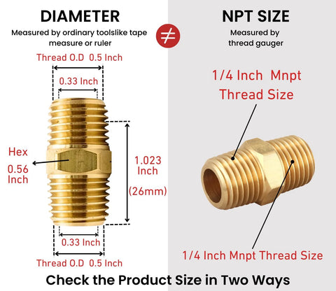 Brass 1/4 in NPT male hex nipple, 1/2 in OD, 10-pack for pipe and air fittings, Amazon brand