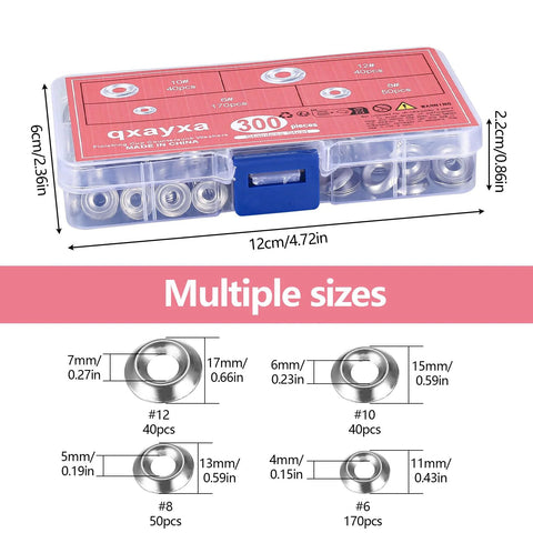 qxayxa 300-piece stainless steel countersunk finishing washer set in clear case with blue latch; sizes #6-#12.