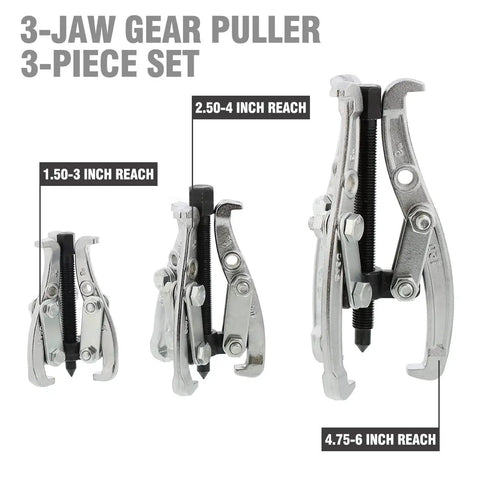 Three Jaw Gear Puller Tool Set With Reversible Jaws For Bearing And Pulley Removal, showing 3, 4, 6 inch sizes