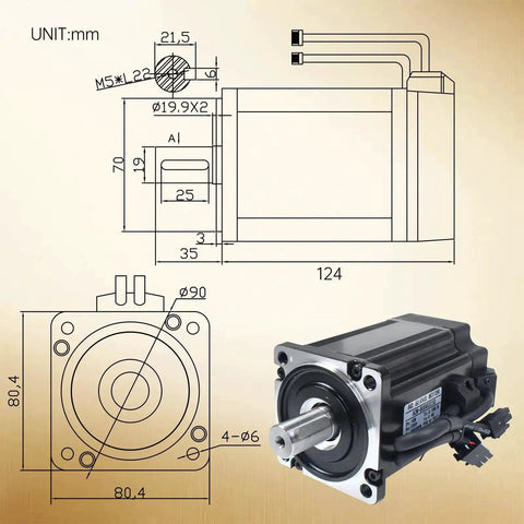 Diagram and photo of 1000W 110V Servo Motor Kit With Driver CNC Controller For Engraving Milling Machines And Robots, showing dimensions.