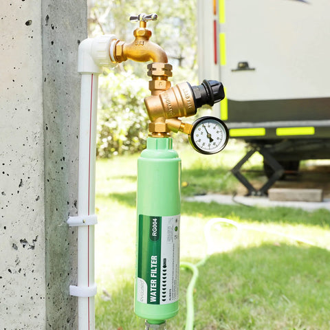 RV water pressure regulator with gauge and adjustable knob, brass fittings, attached to green RVGUARD filter for RVs